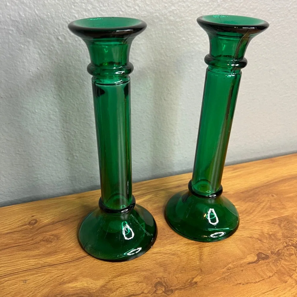 Vtg Recycled Glass Taper Candle Holders Sticks Set 2 Green Made in Spain 8‎ Inch
